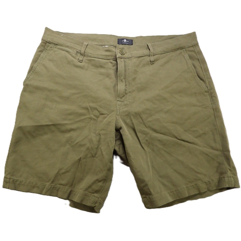 7 For All Mankind Men Chino Shorts Olive Green Cotton Stretch Flat Front W37xL9